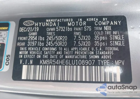 2020 Hyundai Palisade Limited z USA, uszkodzony, nr VIN KM8R54HE6LU108907